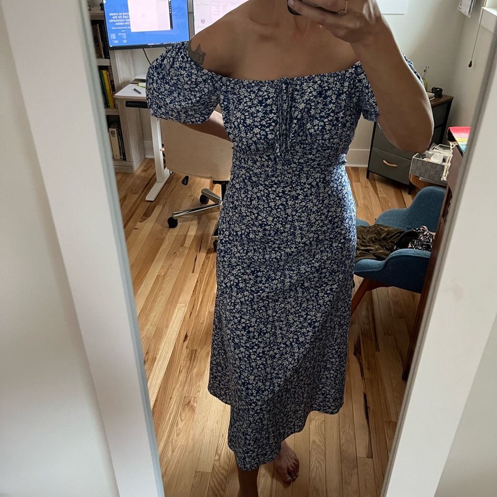 Floral Off-Shoulder “milkmaid” Blue Dress